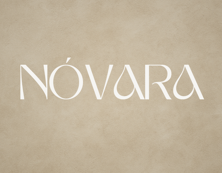 Nóvara logo: white stylised text on beige-grey mottled background.
